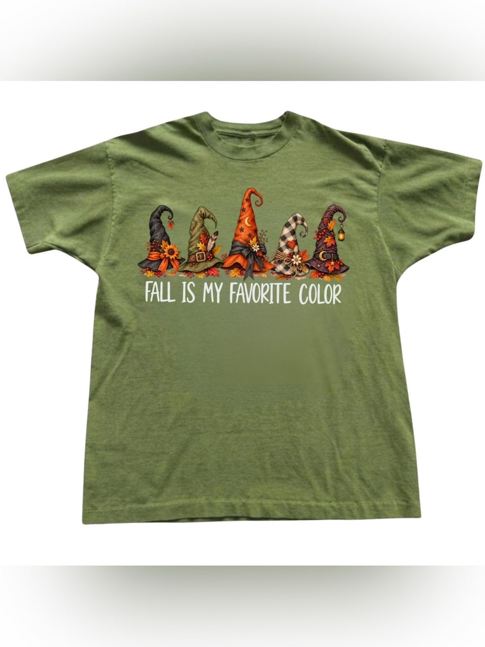 Gildan Olive Green Tee with Fall Witch Hat Graphic, Gift For Her , For Him